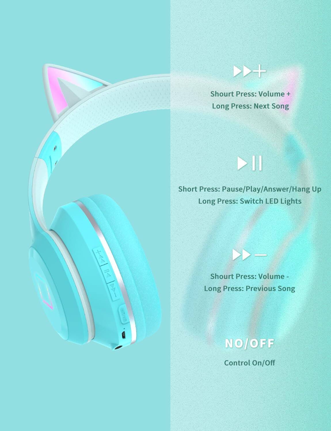 - Short Press: Volume +
- Long Press: Next Song

- Short Press: Pause/Play/Answer/Hang Up
- Long Press: Switch LED Lights

- Short Press: Volume -
- Long Press: Previous Song

- NO/OFF
- Control On/Off