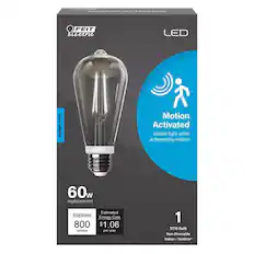FEIT Electric
LED
Motion Activated
Instant light when activated by motion
60w replacement
Brightness: 800 lumens
Estimated Energy Cost: $1.06 per year
1 ST19 Bulb
Non-Dimmable
Indoor/Outdoor*
Daylight 5000K