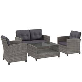 Outsunny - 4 Pieces Patio Furniture Sets with Cushions, PE Rattan Wicker Conversation Chairs w/ Two-tier Coffee Table - Gray, Dark Gray