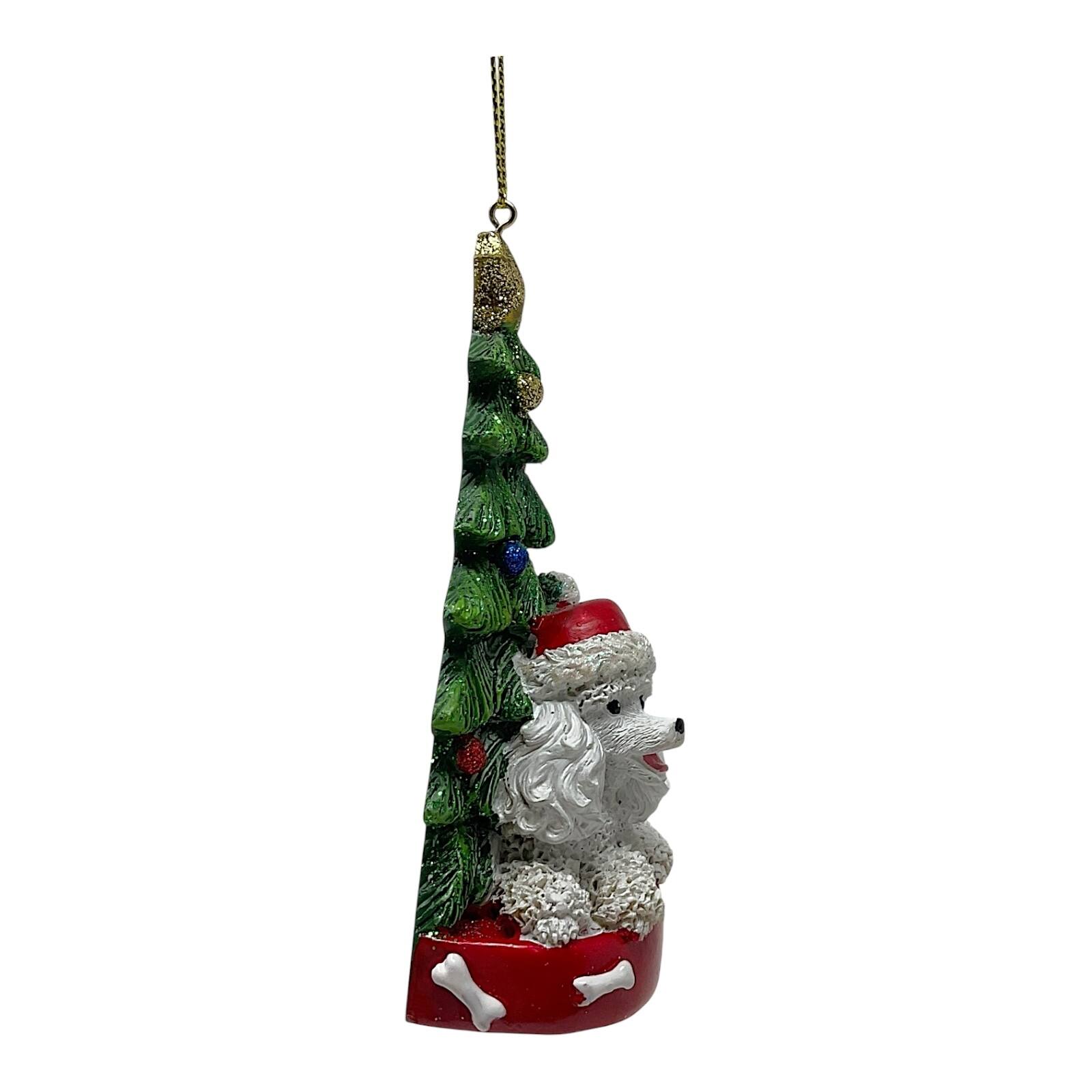 Left. Kurt S Adler - Kurt Adler White Poodle Dog Wearing Santa Hat with Christmas Tree Resin Ornament 4.25 inch - Multicolor.