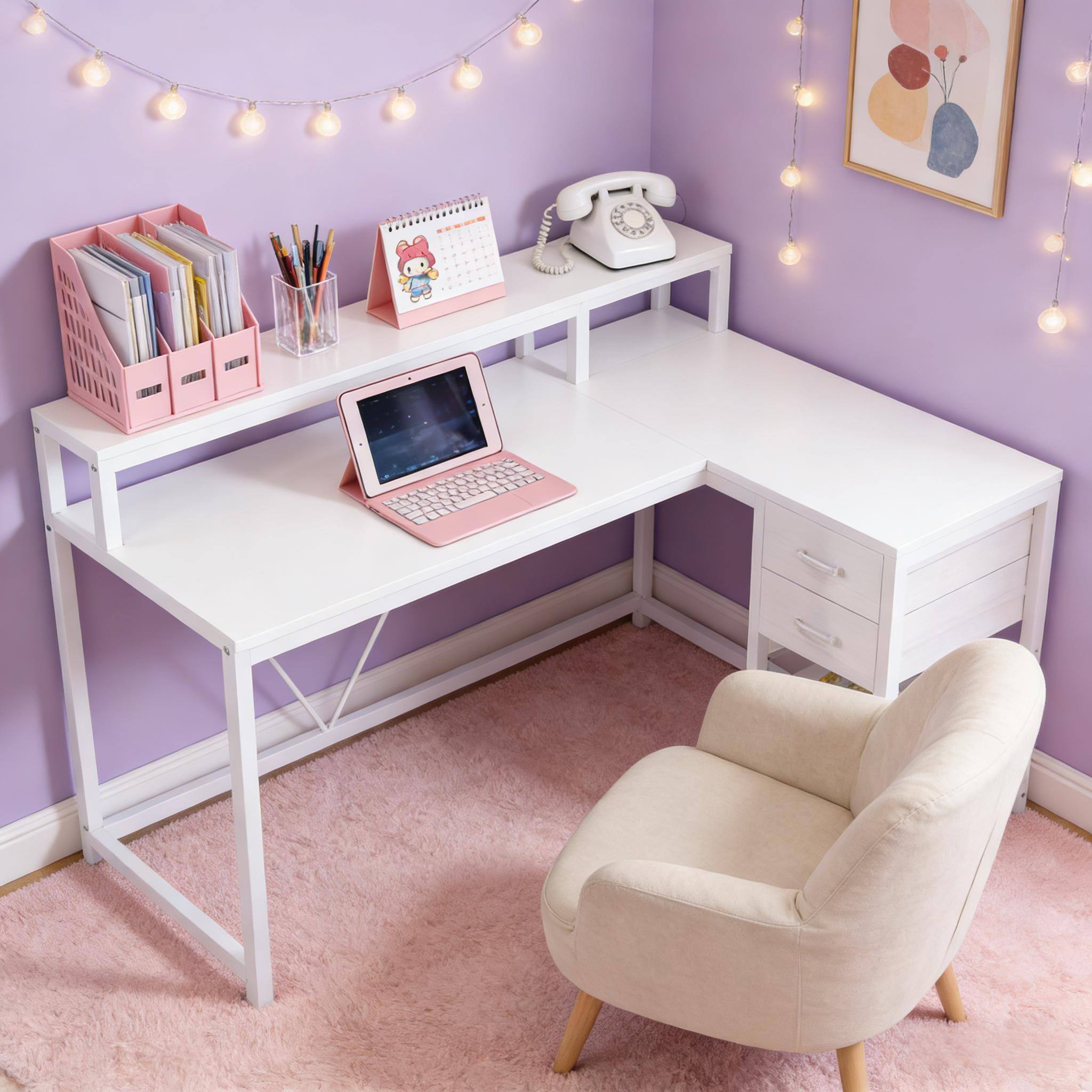 Back. Forest'nSky - Reversible L-Shaped Office Desk with Spacious Workstation for Computers - White.