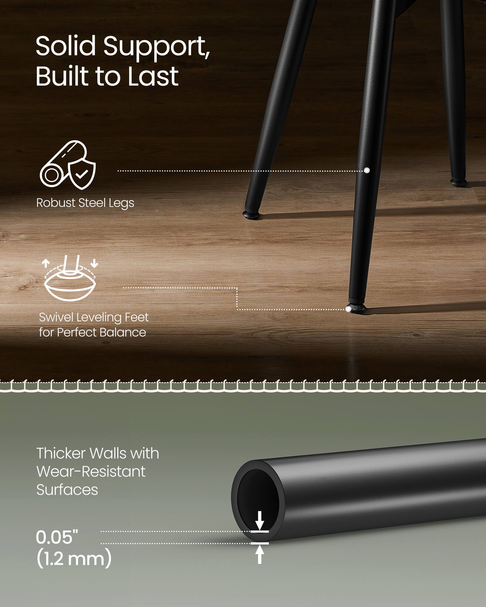 Solid Support, Built to Last  
Robust Steel Legs  
Swivel Leveling Feet for Perfect Balance  
Thicker Walls with Wear-Resistant Surfaces  
0.05" (1.2 mm)