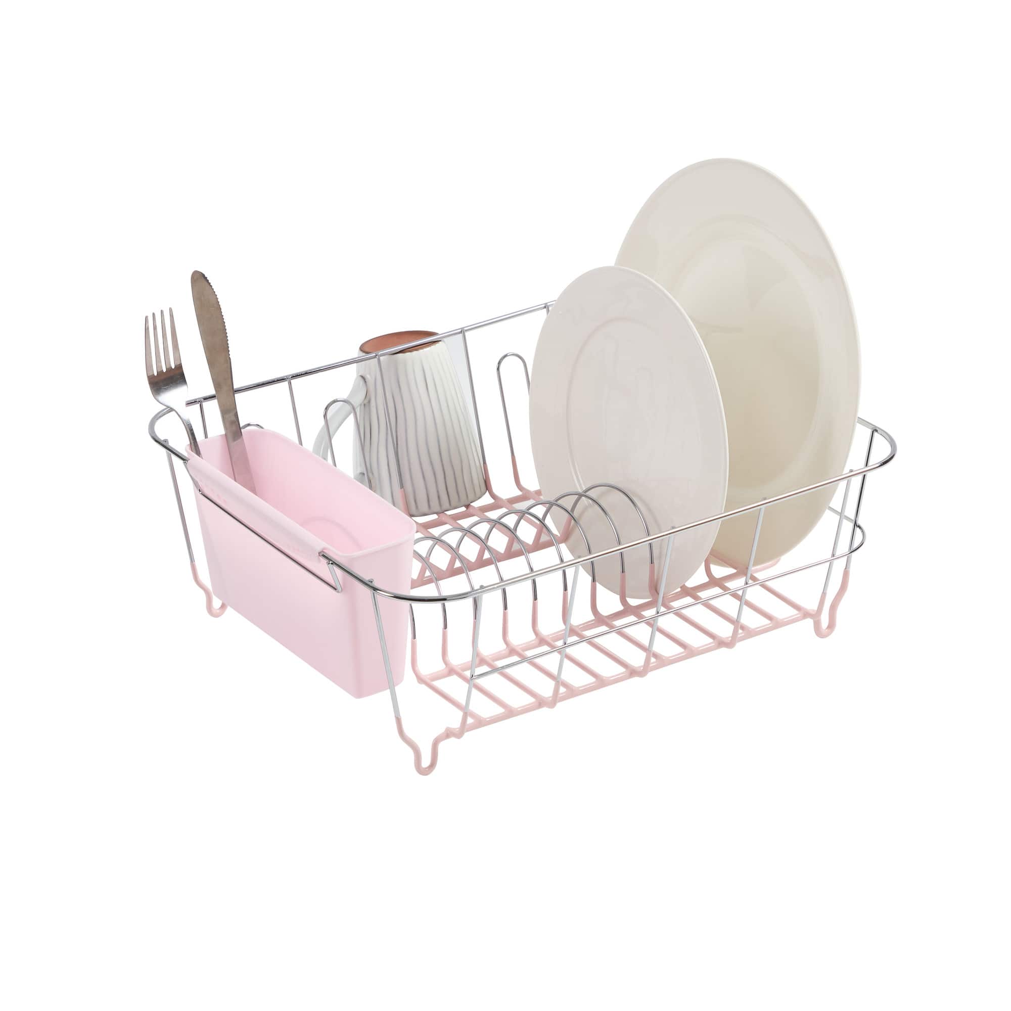 Sweet Home Collection - Chrome Plated Steel 2-Piece Small Compact Dish Drainer - Pale Pink