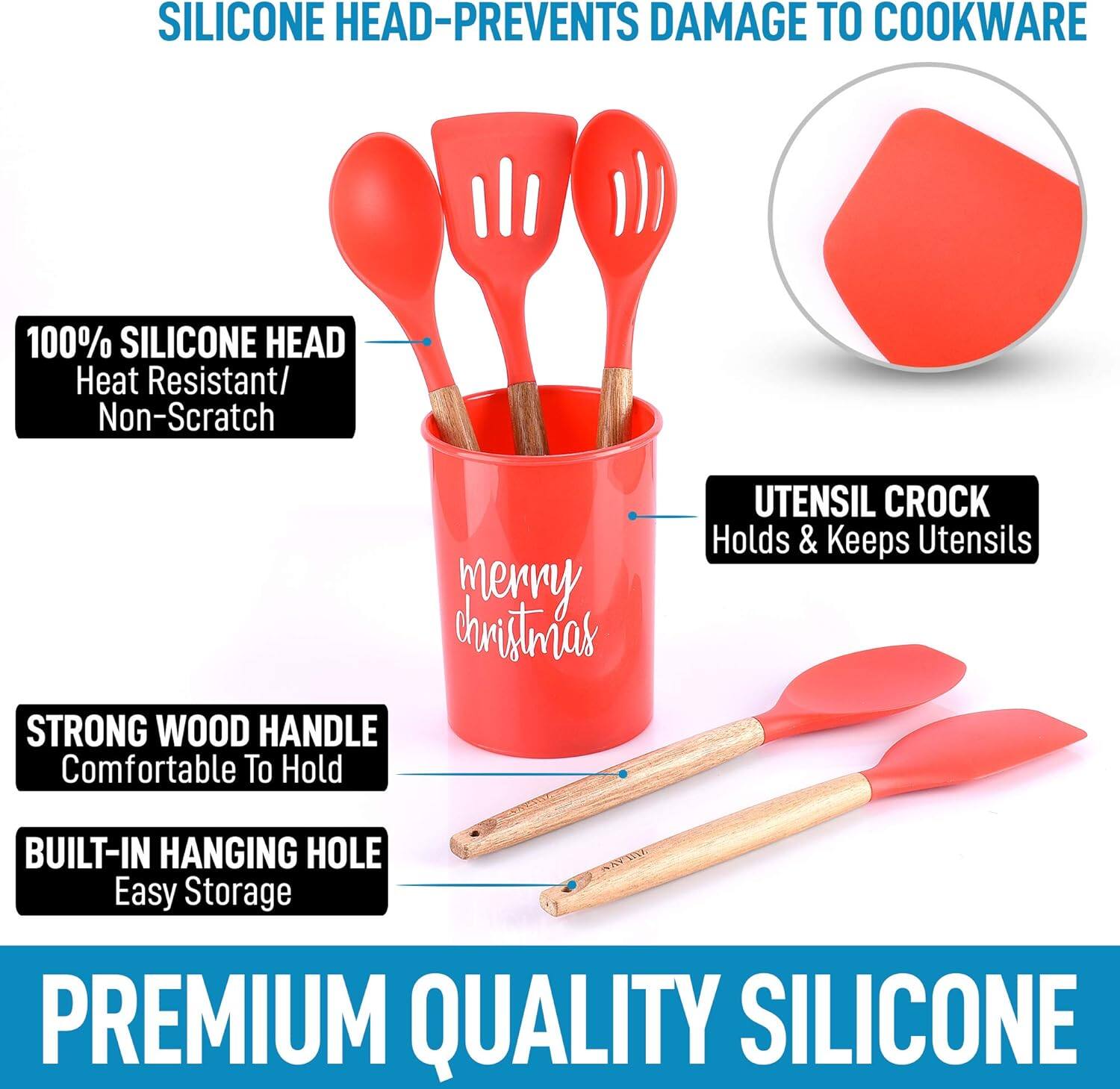SILICONE HEAD - PREVENTS DAMAGE TO COOKWARE

100% SILICONE HEAD  
Heat Resistant / Non-Scratch

STRONG WOOD HANDLE  
Comfortable To Hold

BUILT-IN HANGING HOLE  
Easy Storage

UTENSIL CROCK  
Holds & Keeps Utensils

PREMIUM QUALITY SILICONE