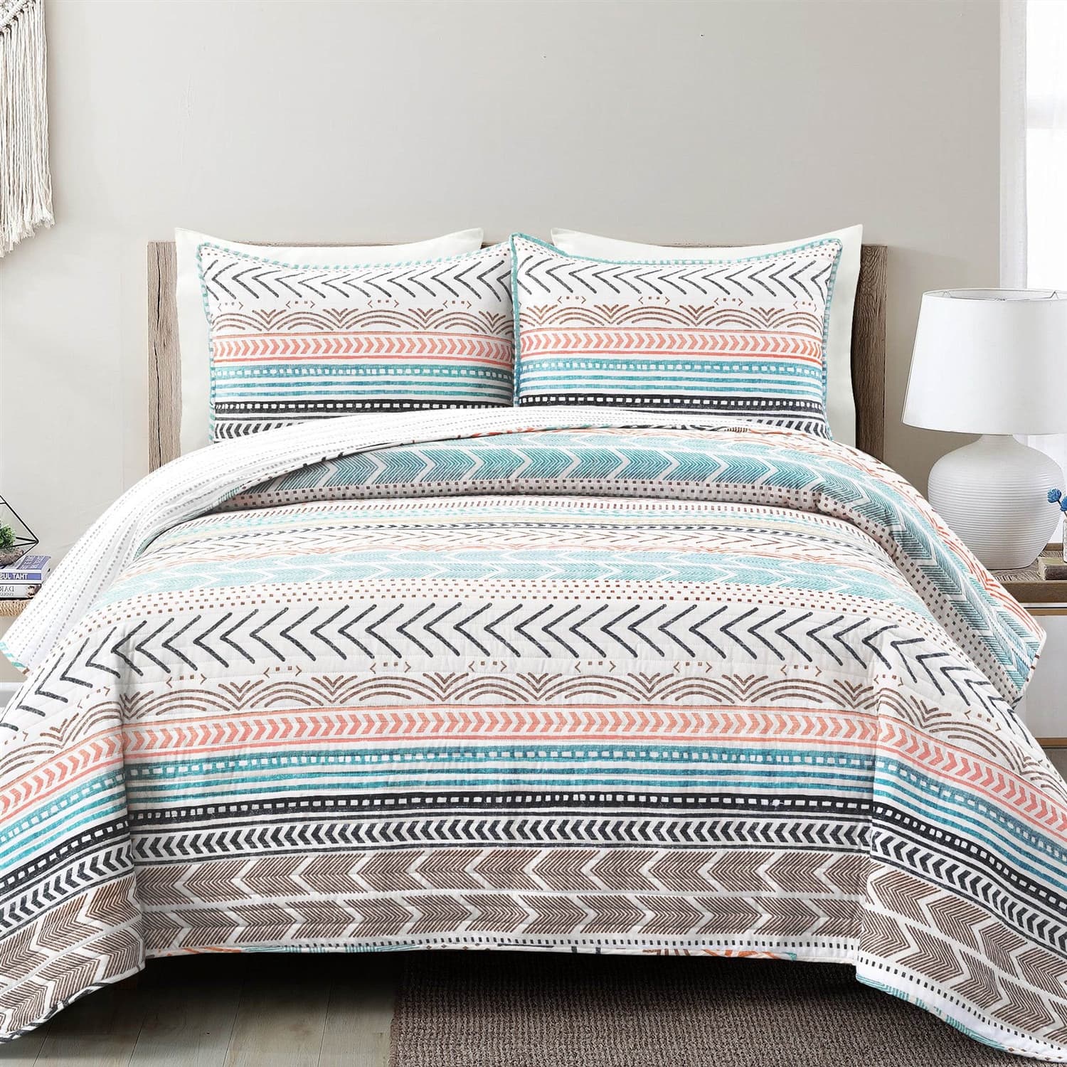 Hivvago - Full/Queen Scandinavian Chevron Teal Reversible Cotton Quilt Set - White Orange