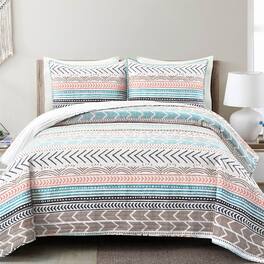 Hivvago - Full/Queen Scandinavian Chevron Teal Reversible Cotton Quilt Set - White Orange