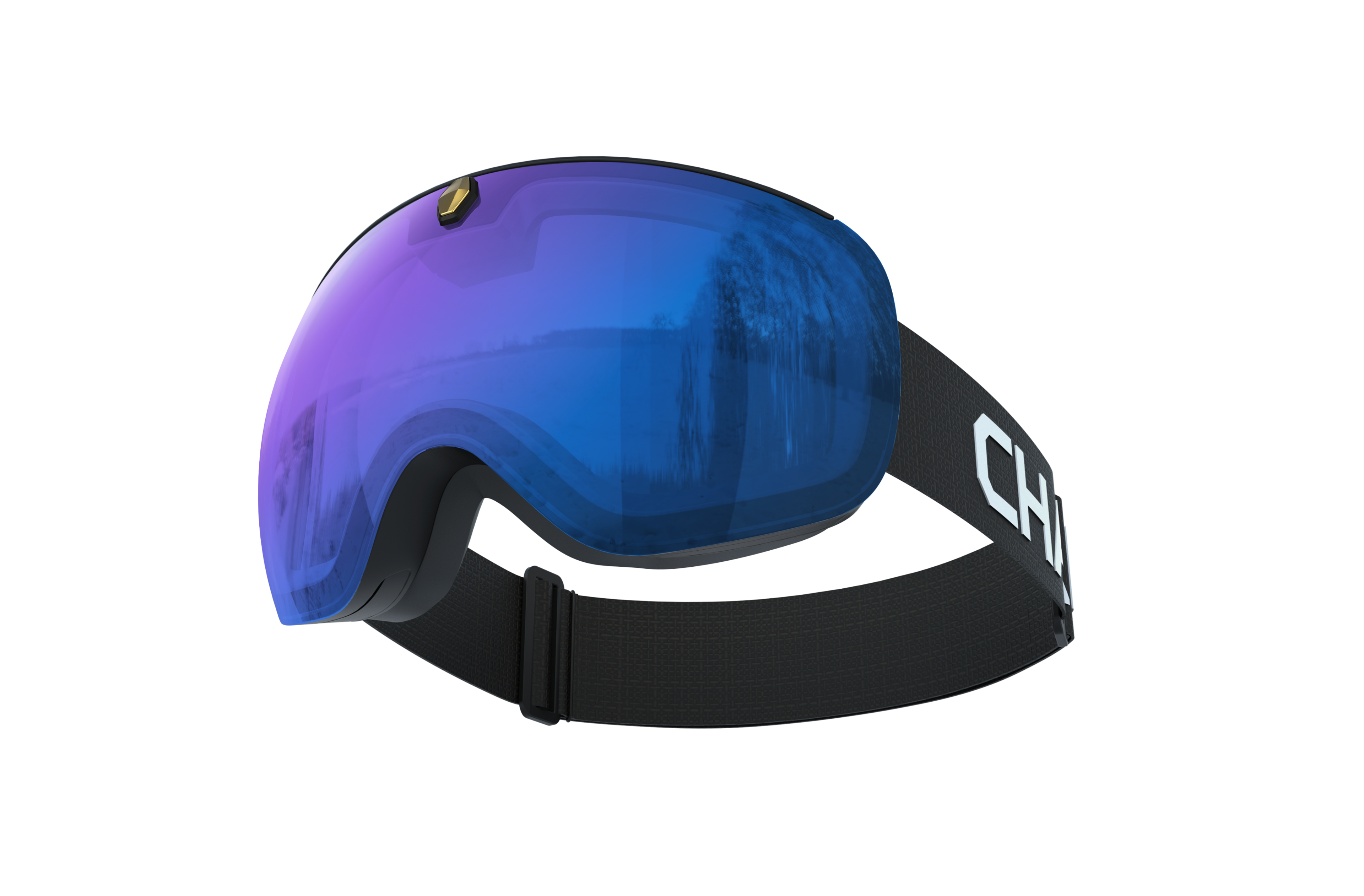 Angle. Chamelo - Aroza Adjustable Tint Sport Goggles - Black / Gold | Blue.