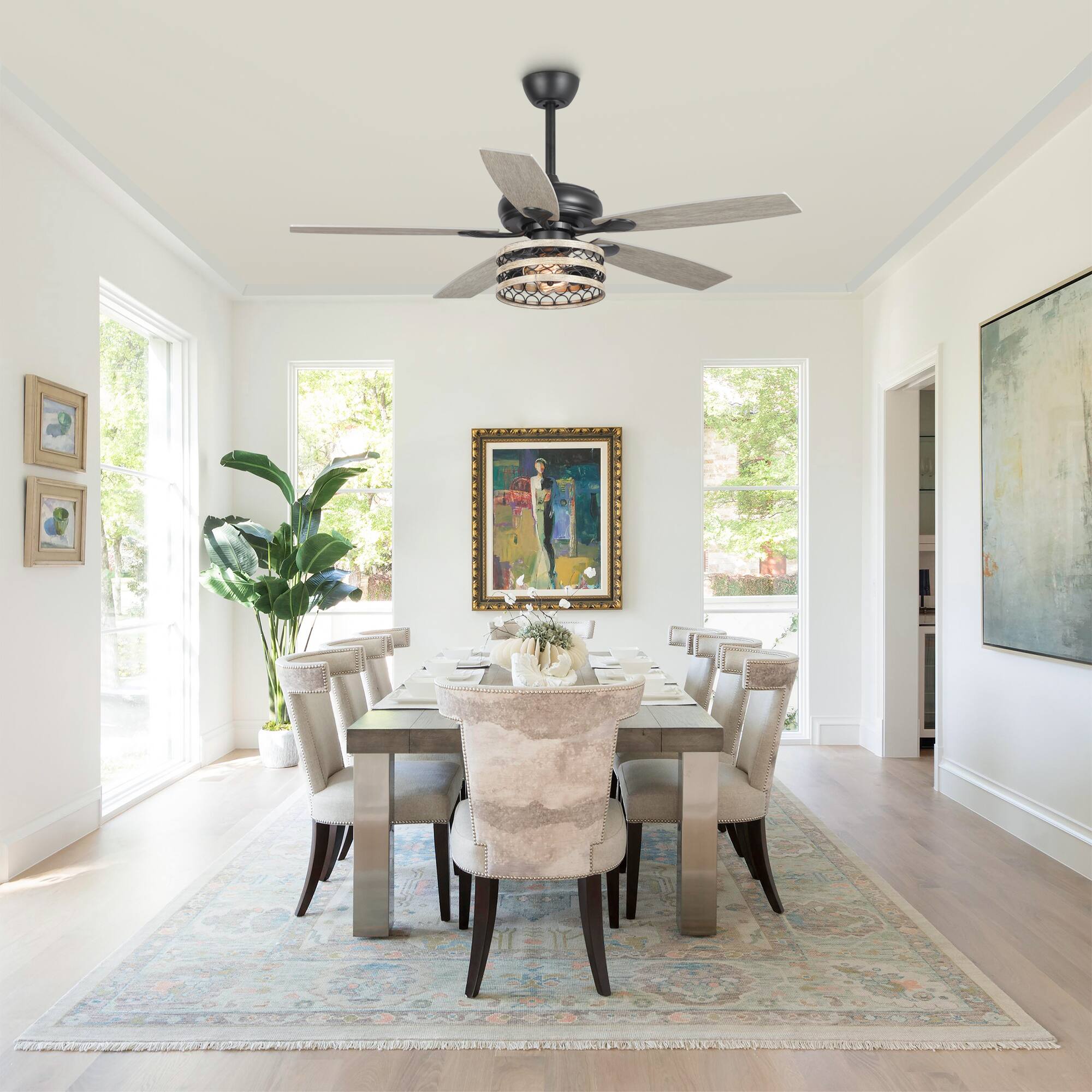 Alt View 2. Parrot Uncle - 52" Farmhouse Driftwood 5-Blade Black Caged Chandelier Ceiling Fan with Remote - Black.