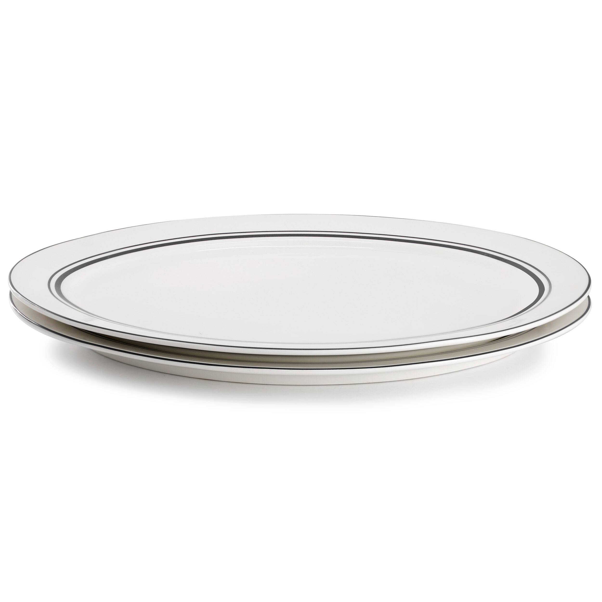 Alt View 1. Sur La Table - Sur La Table 2 Piece 14 Inch Ceramic Oval Serving Platter in White with Black Bands - White.