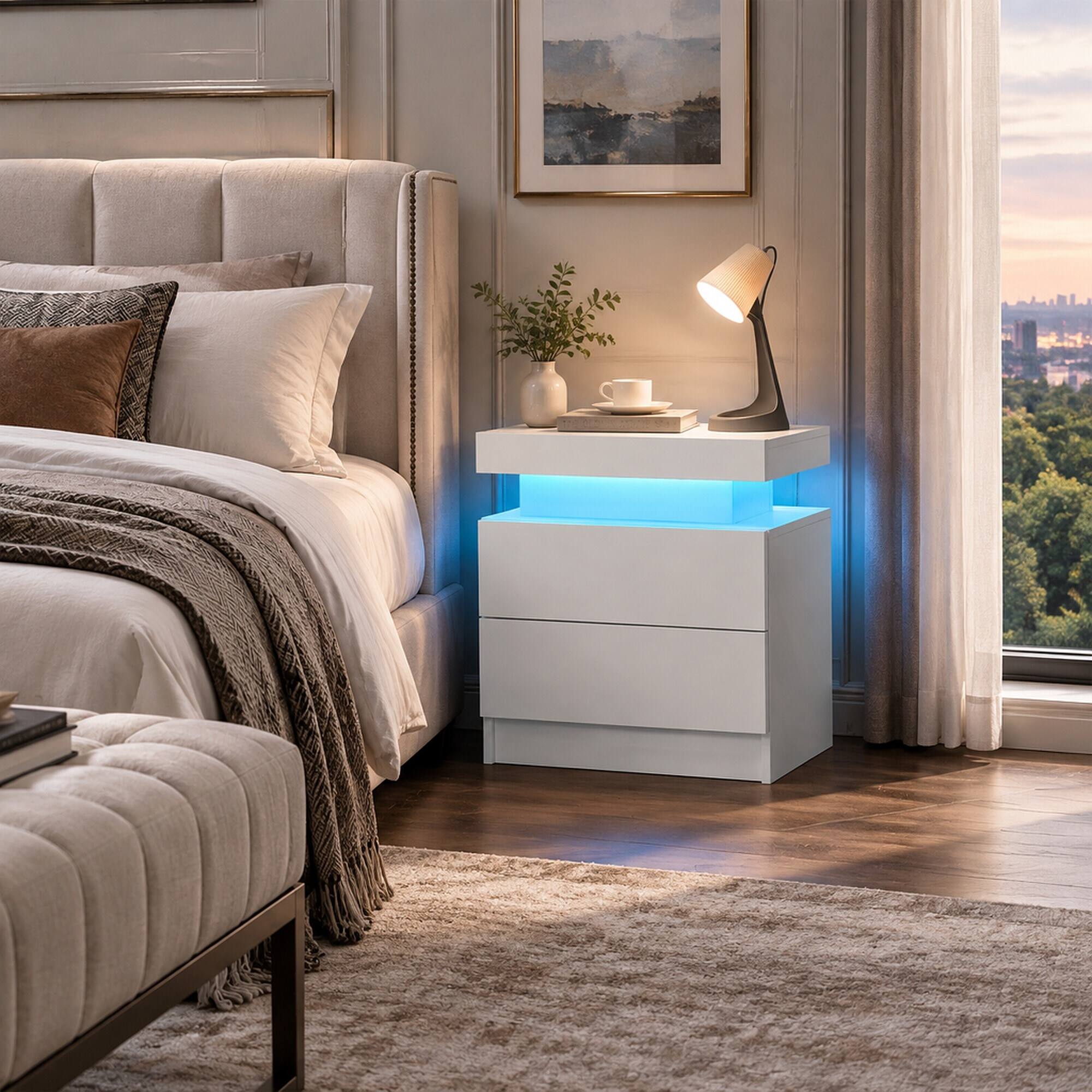 Angle. RYHNUYNE - LED Nightstand with 2 Drawers, Modern Bedside Table, Multi-Color Lights, White End Table for Bedroom and Living Room - White.