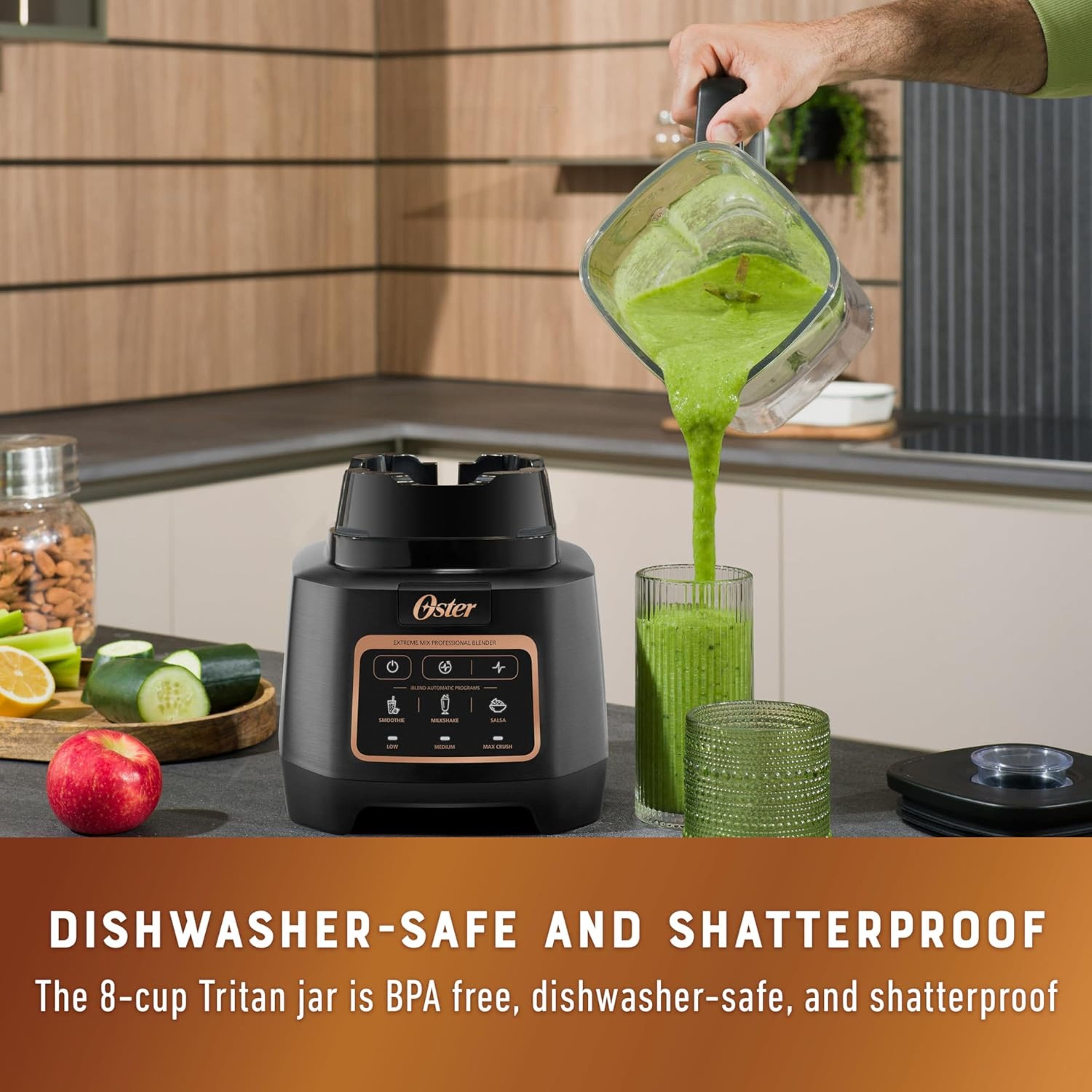 The 8-cup Tritan jar is BPA free, dishwasher-safe, and shatterproof.