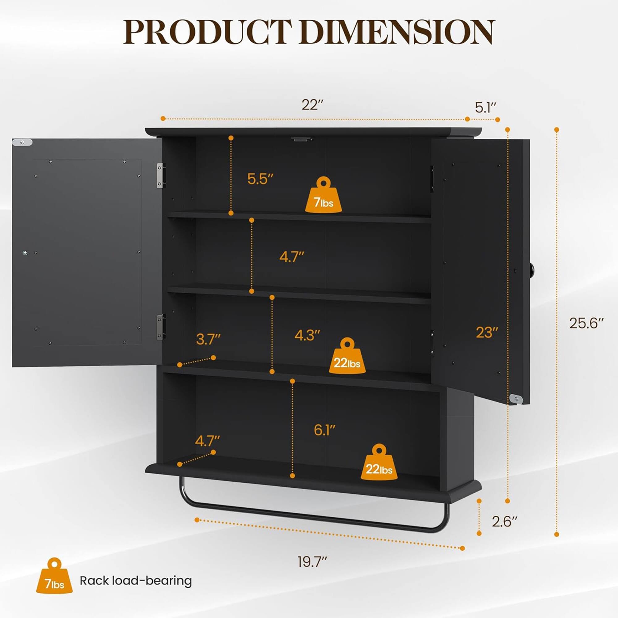 PRODUCT DIMENSION

- 22" x 5.1" x 5.5" - 7lbs
- 23" x 25.6" x 4.7" - 22lbs
- 22" x 6.1" x 4.7" - 22lbs
- 2.6" - 7lbs
- Rack load-bearing - 19.7"