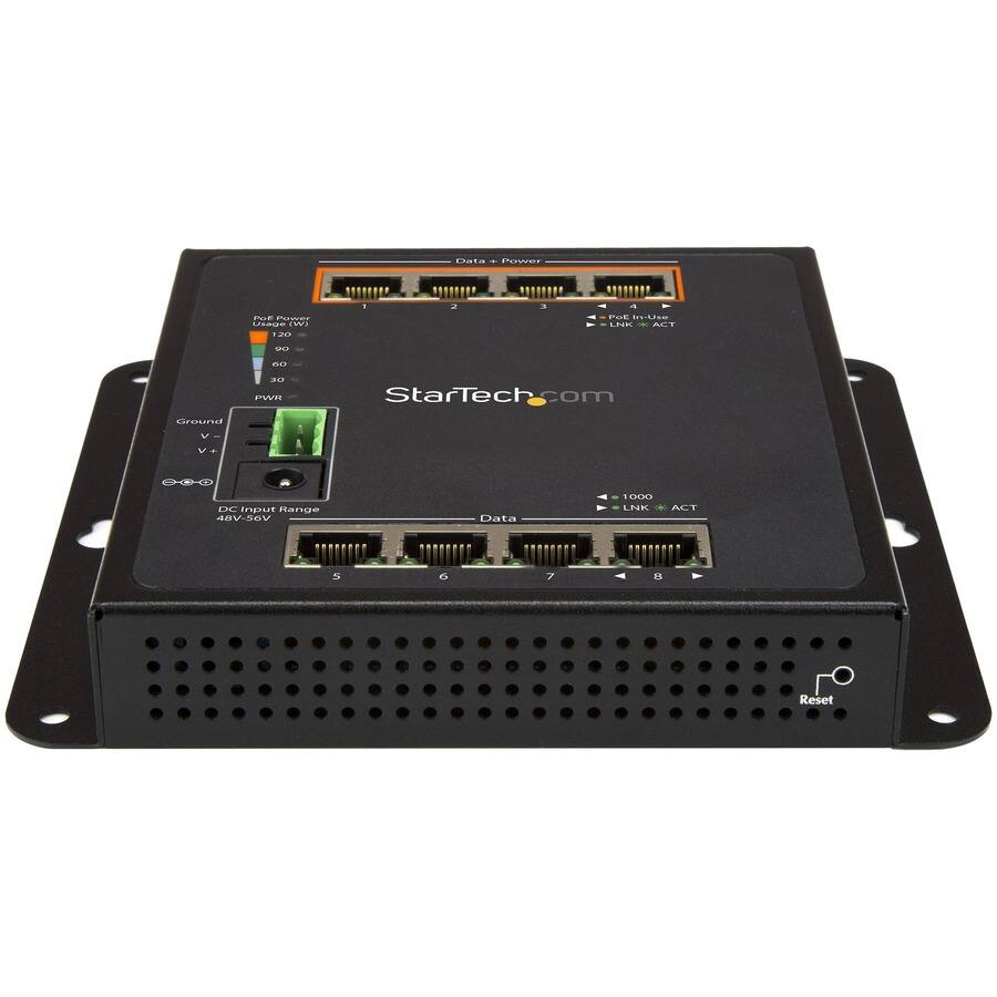 Data + Power

PoE Power Usage (W)  
120  
90  
60  
30  
PWR

PoE In-Use  
LNK ACT

StarTech.com

Ground  
V-  
V+

DC Input Range  
48V-56V

Data  
1000  
LNK  
ACT

Reset