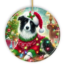 OrnamentallyYou - Playful Border Collie with Santa Hat Ornament Festive Canine Christmas Decor Circle Version - Multi-colored