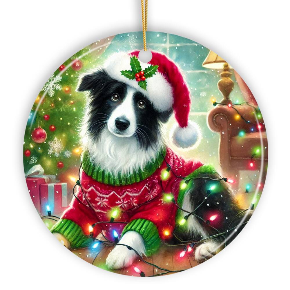Front. OrnamentallyYou - Playful Border Collie with Santa Hat Ornament Festive Canine Christmas Decor Circle Version - Multi-colored.