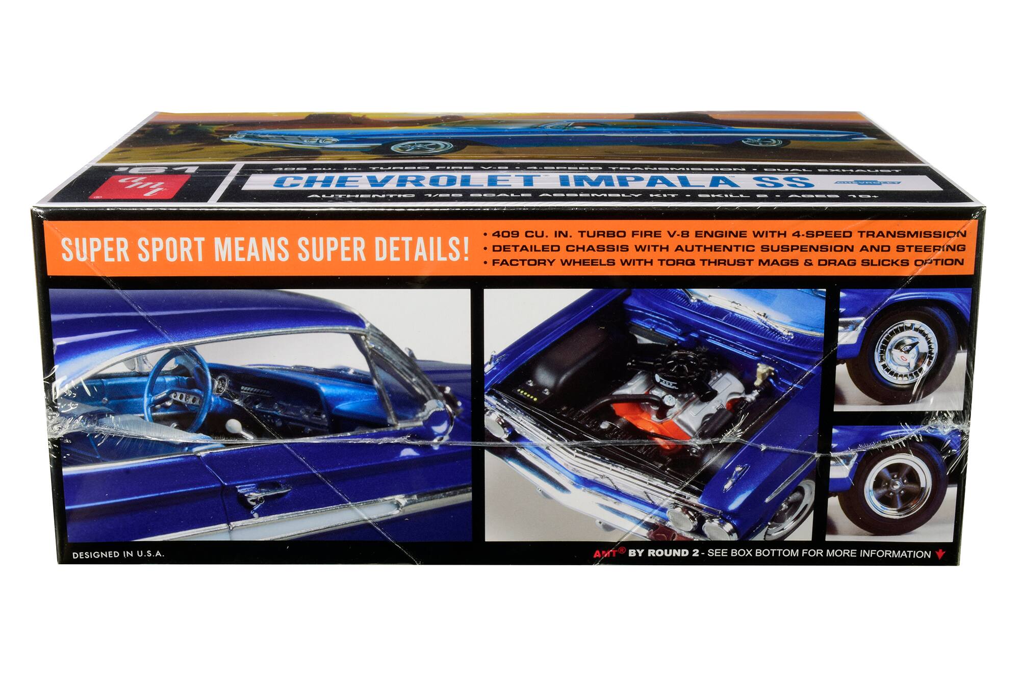 **Chevrolet Impala SS**

- **Super Sport Means Super Details!**
- **409 Cu. In. Turbo Fire V-8 Engine with 4-Speed Transmission**
- **Detailed Chassis with Authentic Suspension and Steering**
- **Factory Wheels with Torq Thrust Mags & Drag Slicks Option**
- **Authentic 1/35 Scale Assembly Kit**
- **Designed in U.S.A.**
- **Skill Level: 3**
- **AMT by Round 2 - See Box Bottom for More Information**