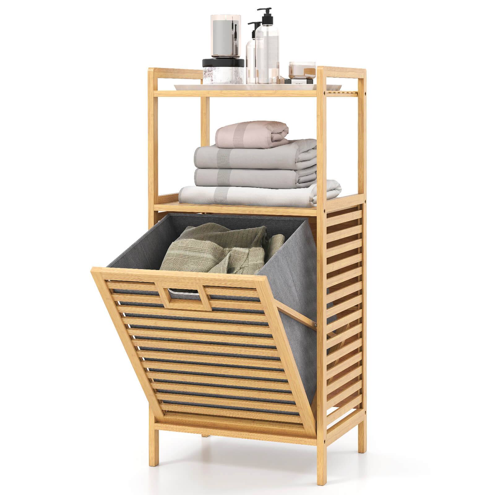Front. Costway - Costway Tilt-out Laundry Hamper with 2-Tier Shelves & Tilt-out Basket Bamboo Organizer - Natural + Gray.