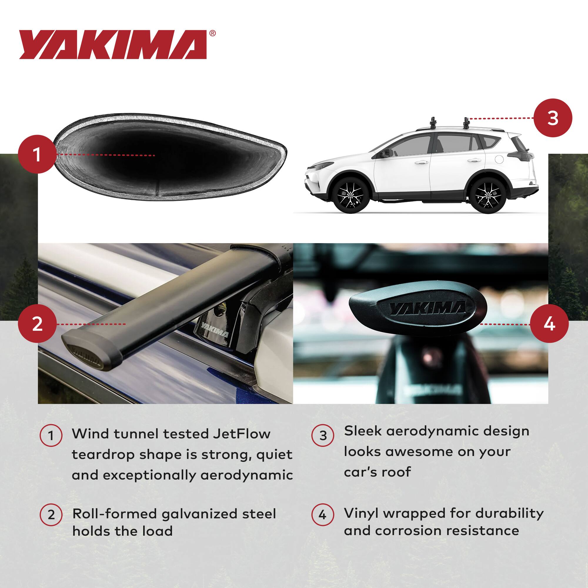 1. Wind tunnel tested JetFlow teardrop shape is strong, quiet and exceptionally aerodynamic  
2. Roll-formed galvanized steel holds the load  
3. Sleek aerodynamic design looks awesome on your car's roof  
4. Vinyl wrapped for durability and corrosion resistance