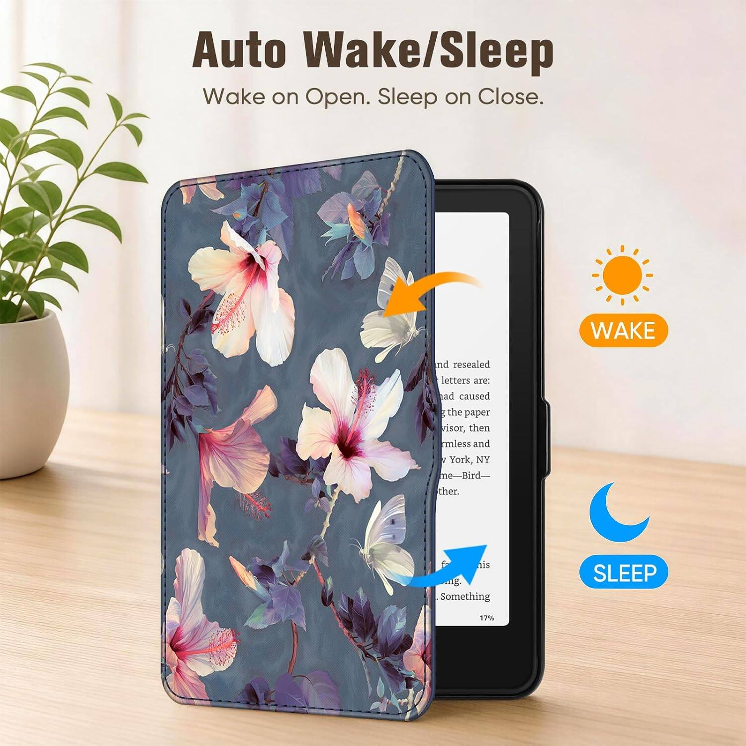 Auto Wake/Sleep  
Wake on Open. Sleep on Close.  

WAKE  
nd resealed letters are: ad caused g the paper visor, then rmless and / York, NY me-Bird-  
ther.  
is ng. Something  

SLEEP  
17%