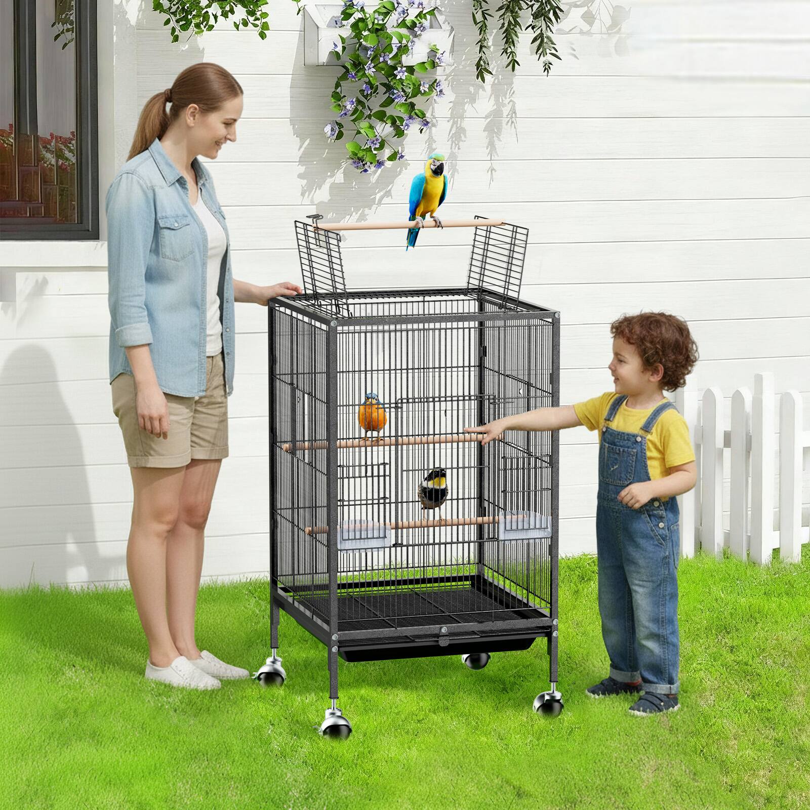 Alt View 7. Winado - 31in Parakeet Wire Bird Cage Portable for Finches Canaries Carrier with Wheels for Indoor/Outdoor.