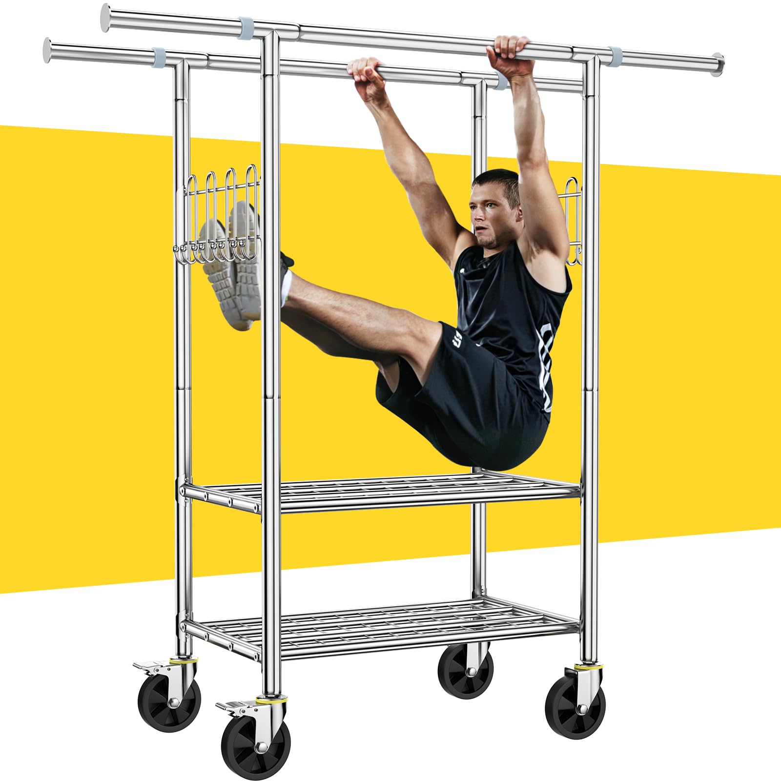 Front. Hirose Alice - 100% Stainless Steel Heavy Duty Clothes Rack Load   Double Rod Clothing Rack for Hanging Clothes with - Silver 2Double Bar.