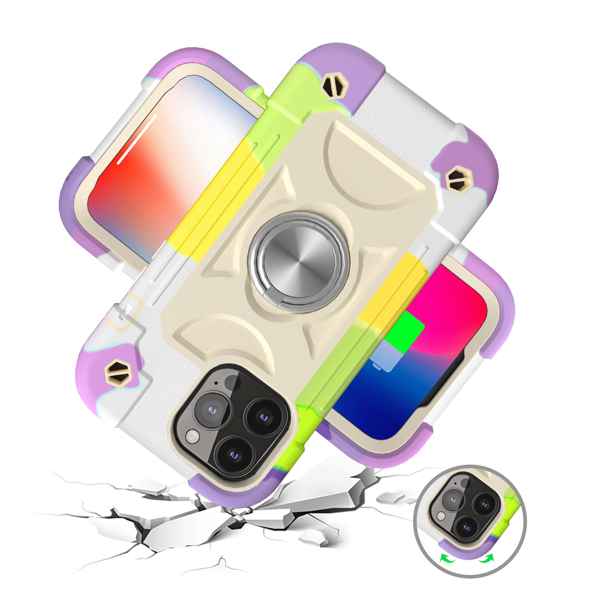 Alt View 2. Dteck - Rugged Case for iPhone 13 with Rotate Ring Stand, Military Grade Drop Protection Heavy Duty Shockproof Protective Cover - Rainbow Beige.