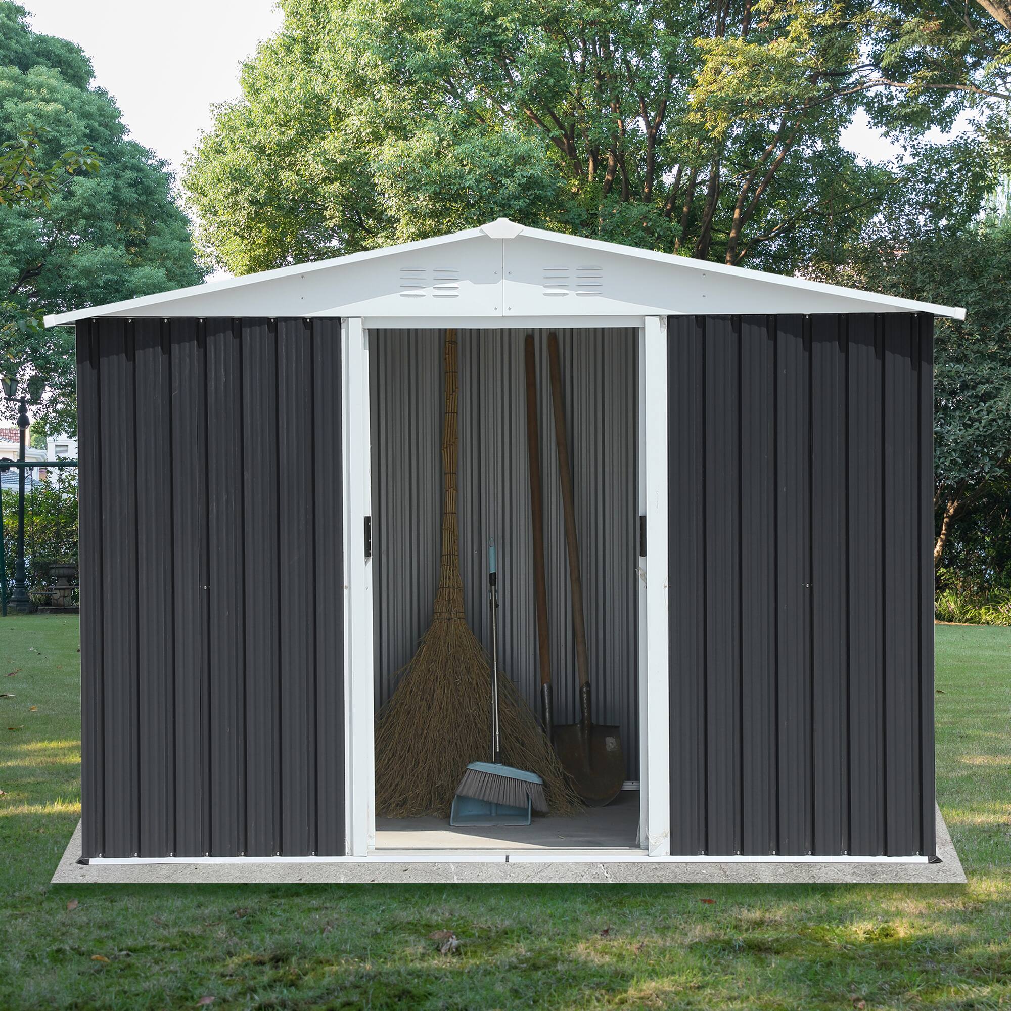 Alt View 1. TinyHomie - 8 x 6 FT Apex Roof Dark Grey Aluminum Alloy Frame Garden Shed With Sliding Door.