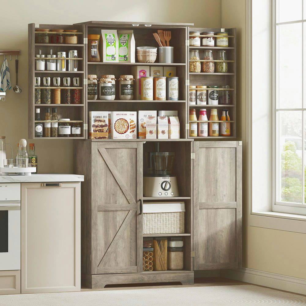 Kadyn - 72" Farmhouse Pantry with 4 Sliding Barn Doors & Adjustable Shelves, Wash - Gray