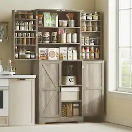 Kadyn - 72" Farmhouse Pantry with 4 Sliding Barn Doors & Adjustable Shelves, Wash - Gray