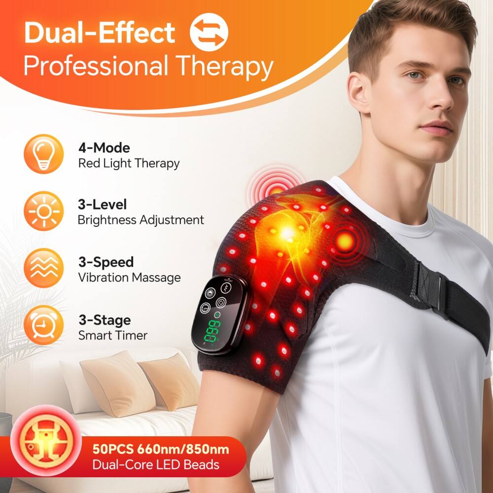 Dual-Effect Professional Therapy  
4-Mode Red Light Therapy  
3-Level Brightness Adjustment  
3-Speed Vibration Massage  
3-Stage Smart Timer  
50PCS 660nm/850nm Dual-Core LED Beads