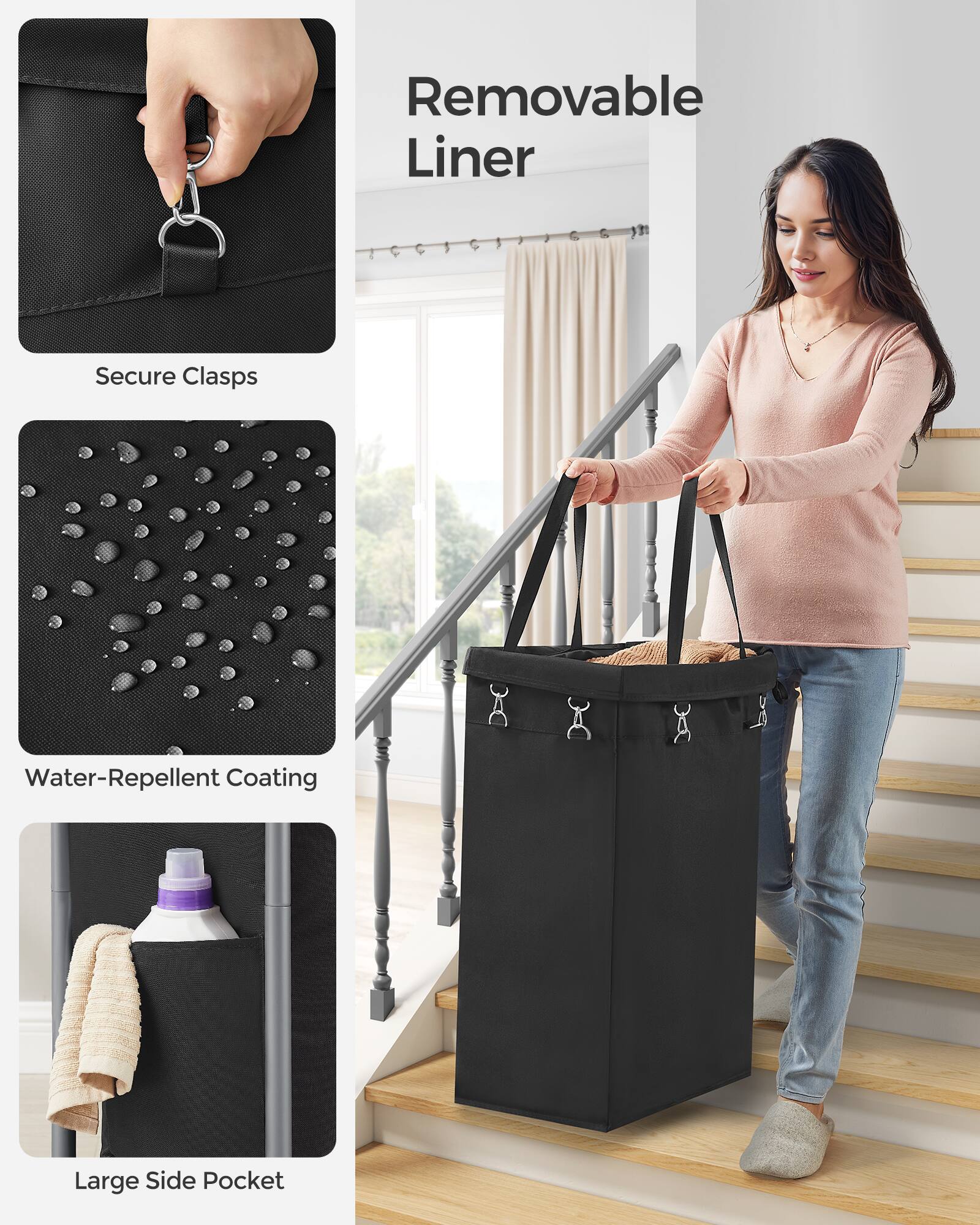 - Removable Liner
- Secure Clasps
- Water-Repellent Coating
- Large Side Pocket