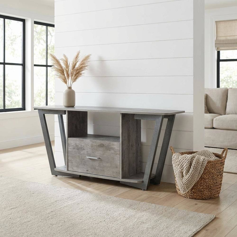 Alt View 1. FurniFact - Gray TV stand with single drawer and shelf for 65-inch TVs, powder-coated metal - Brown.