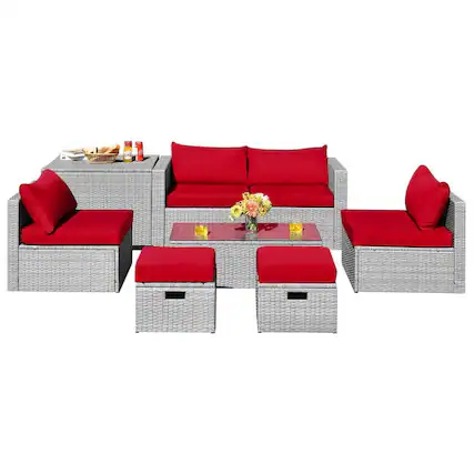 Front. Pefilos - 8 Pieces Patio PE Rattan Furniture Set with Storage Waterproof Cover and Cushion-Red, Wicker Furniture Conversation Sets - Red.