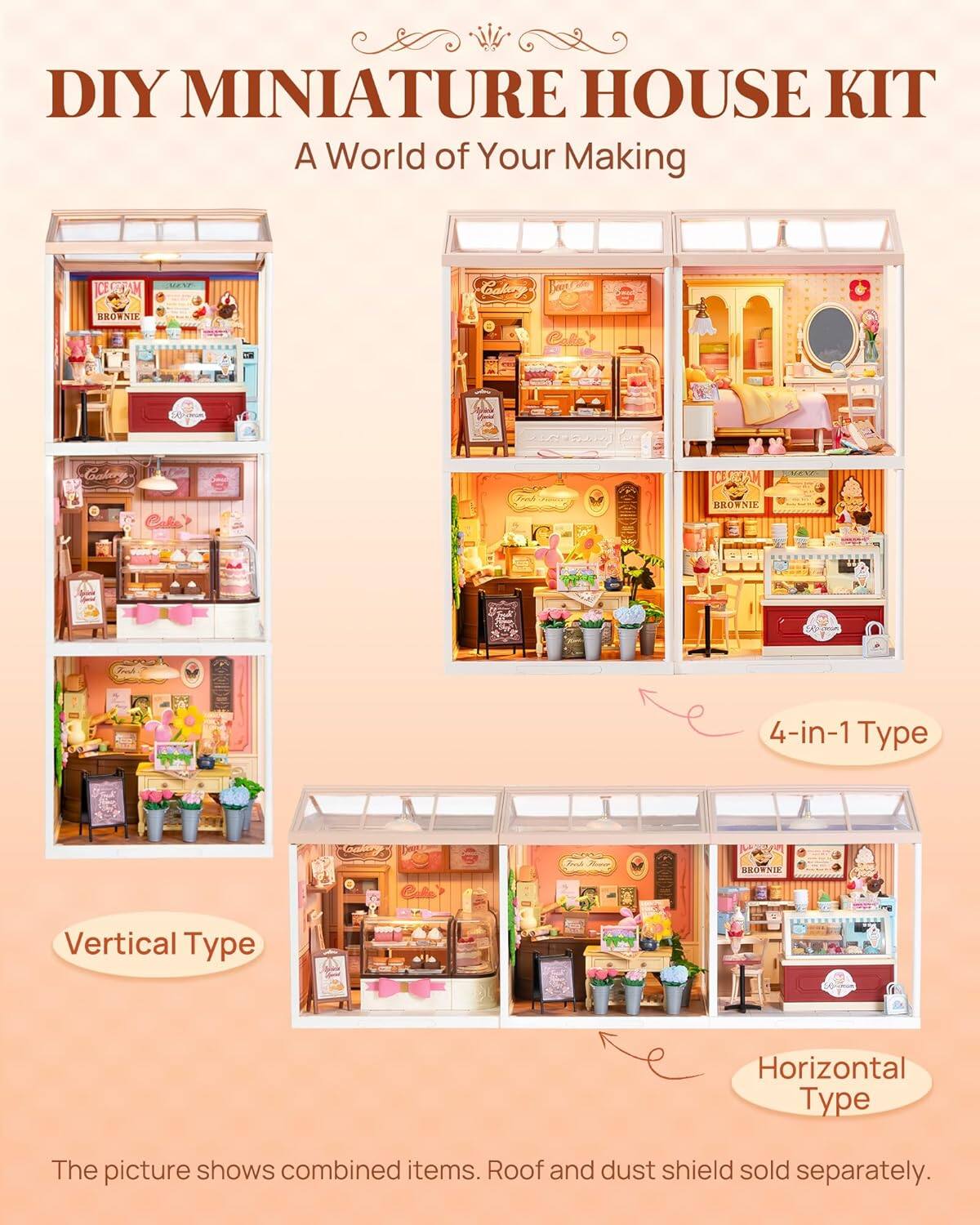 DIY MINIATURE HOUSE KIT  
A World of Your Making  

4-in-1 Type  
Vertical Type  
Horizontal Type  

The picture shows combined items. Roof and dust shield sold separately.
