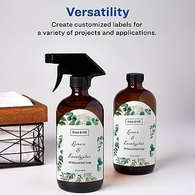 Versatility  
Create customized labels for a variety of projects and applications.

Knox & Hill  
Linen & Encalyptos  
All Natural Dish Soap

Knox & Hill  
Linen & Encalyptos  
All Natural Dish Soap