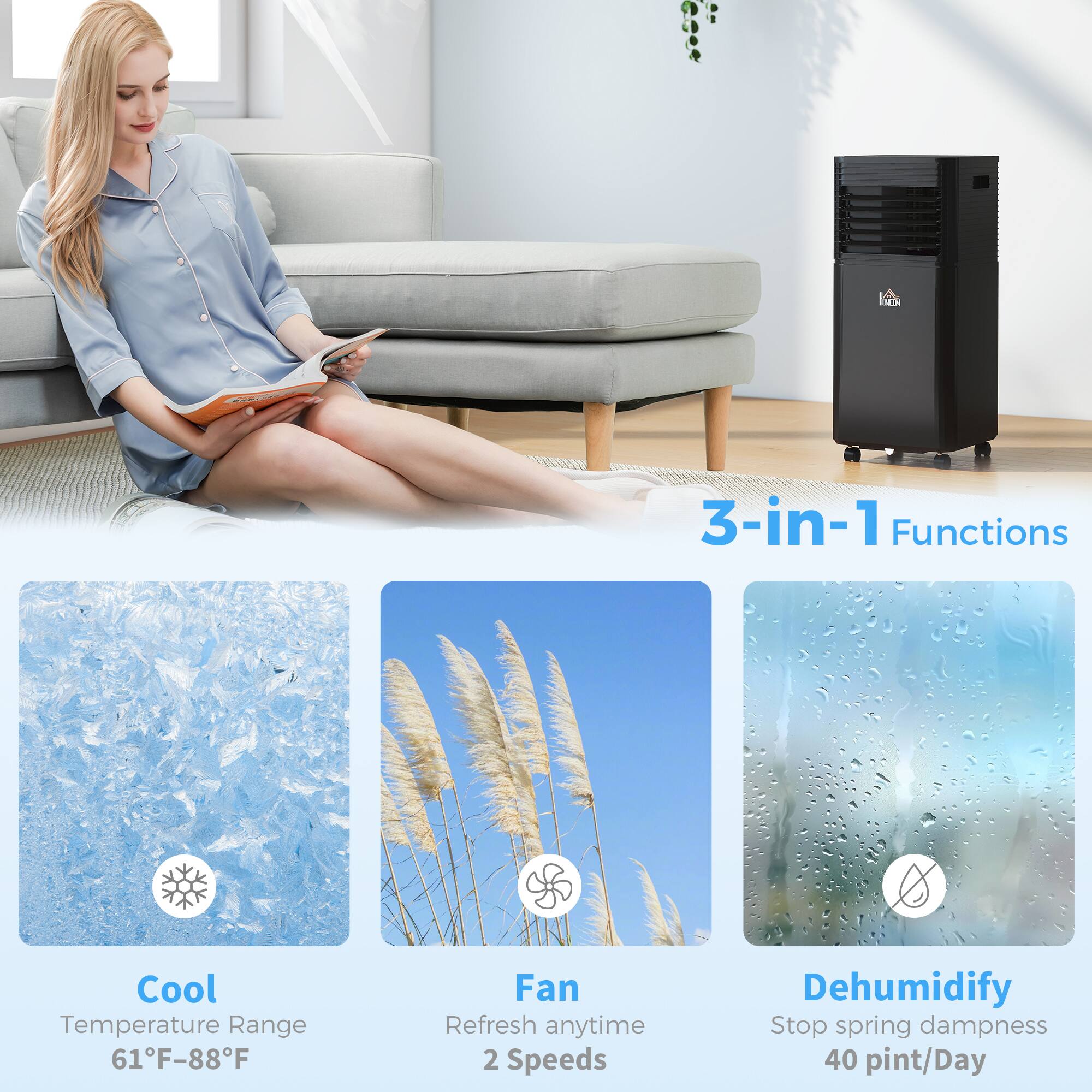 3-in-1 Functions  
Cool Temperature Range 61°F-88°F  
Fan Refresh anytime 2 Speeds  
Dehumidify Stop spring dampness 40 pint/Day
