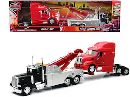 Peterbilt 379 Tow Truck Black with Peterbilt 387 Truck Tractor Red Set of 2 pieces 1/32 Diecast Model by New Ray