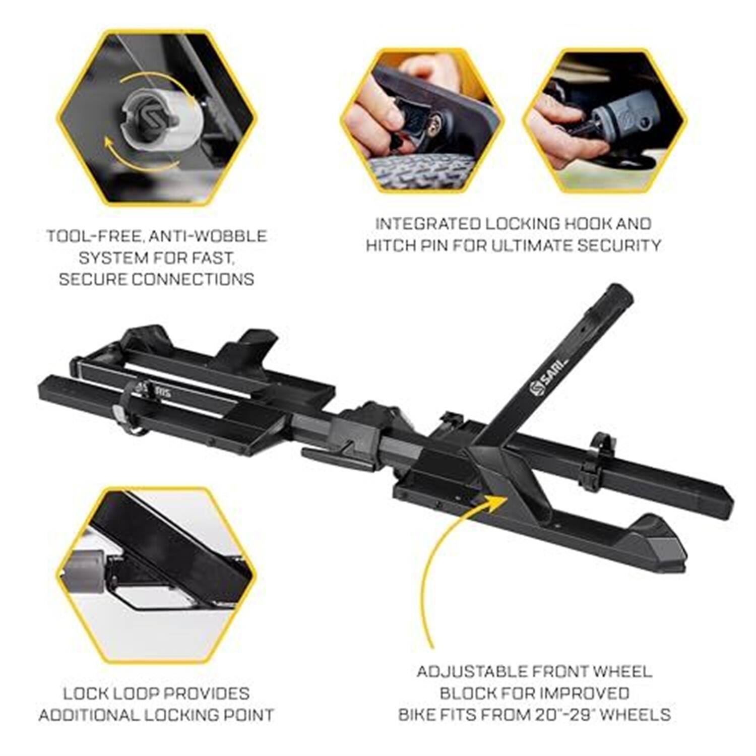 TOOL-FREE, ANTI-WOBBLE SYSTEM FOR FAST, SECURE CONNECTIONS

INTEGRATED LOCKING HOOK AND HITCH PIN FOR ULTIMATE SECURITY

LOCK LOOP PROVIDES ADDITIONAL LOCKING POINT

ADJUSTABLE FRONT WHEEL BLOCK FOR IMPROVED BIKE FITS FROM 20"-29" WHEELS