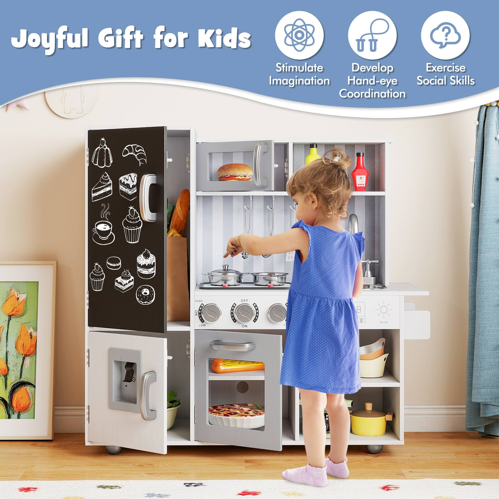 Gymax Play Kitchen Toy Set w/ Chalkboard Oven Sink Faucet Stove