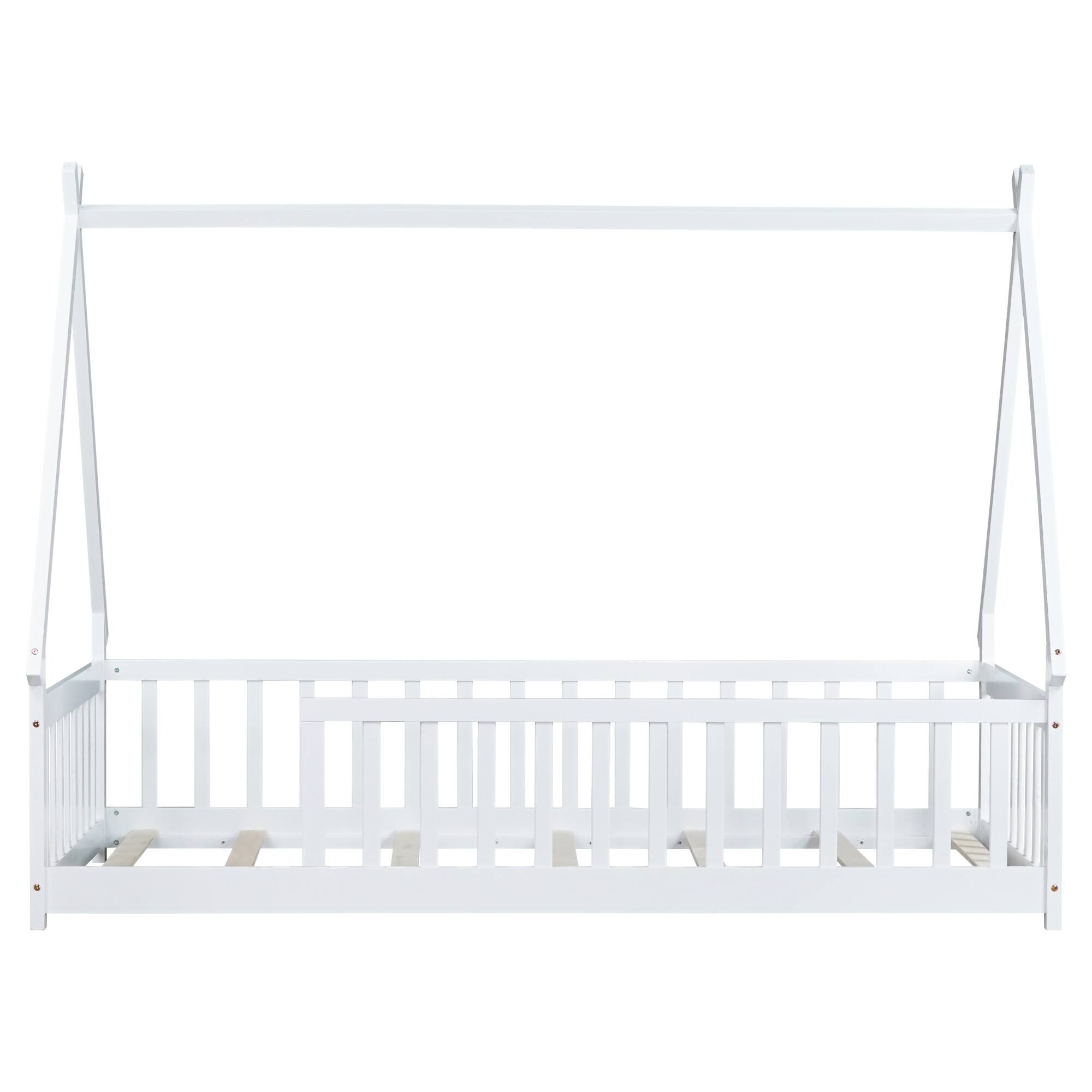 Back. GOODSILO - Twin-Size Tent-Shaped Low Profile Floor Bed with Safety Guardrails and Slatted Base - White.