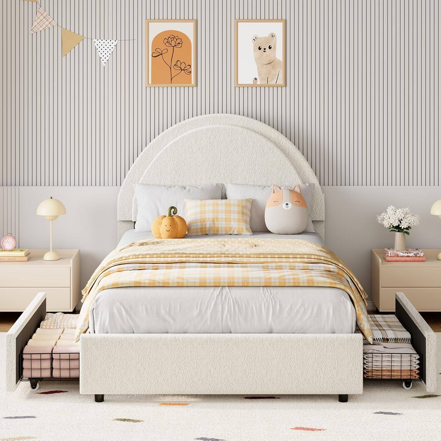 Left. Homhougo - Twin Boucle Bed Frame with Storage Drawers, Beige Upholstered Platform Bed with Round Headboard, Noise-Free - Beige.