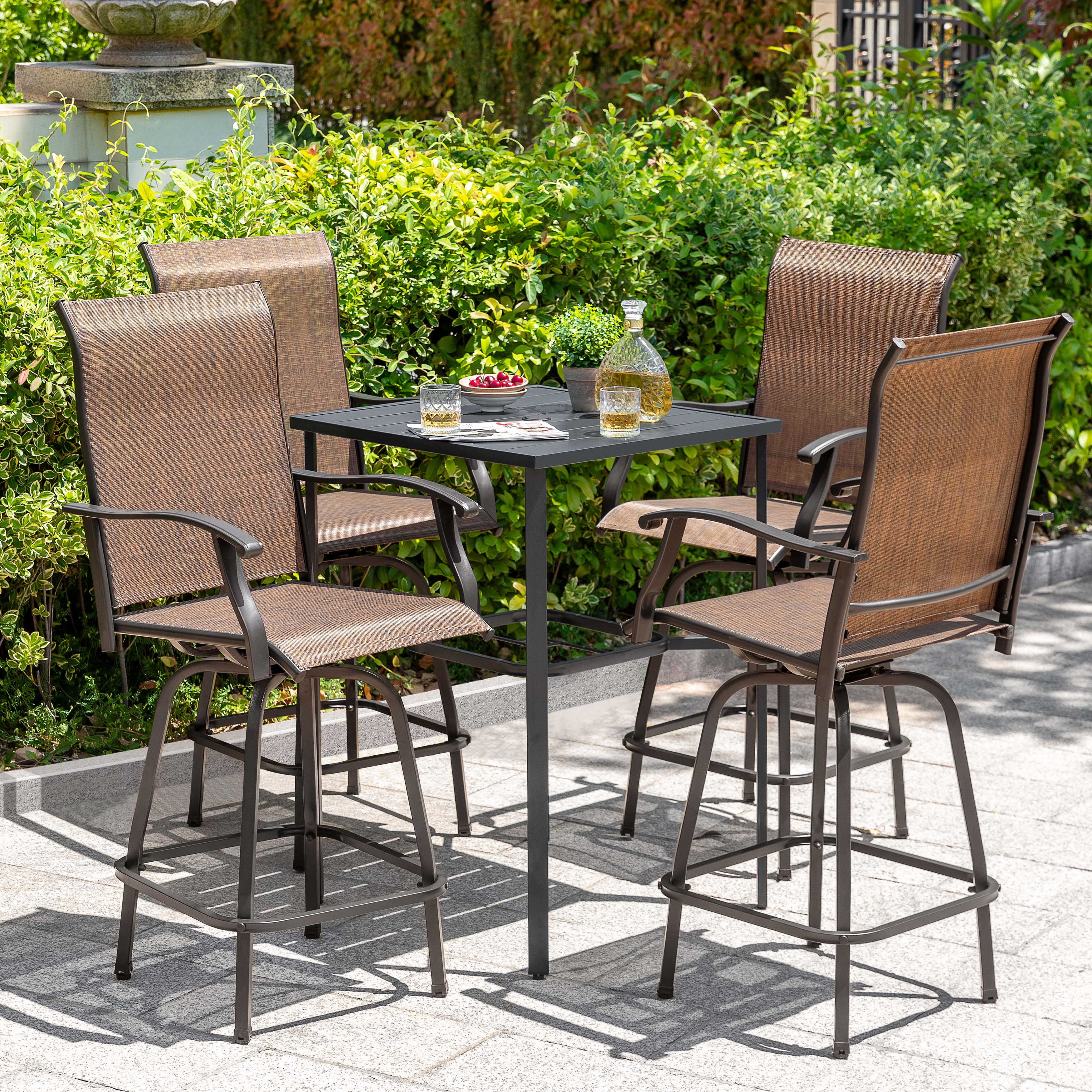 Angle. Nuu Garden - Outdoor 5-Piece Textilene Bar Set, Swivel Bar Stools and Umbrella Hole - Black and Brown.
