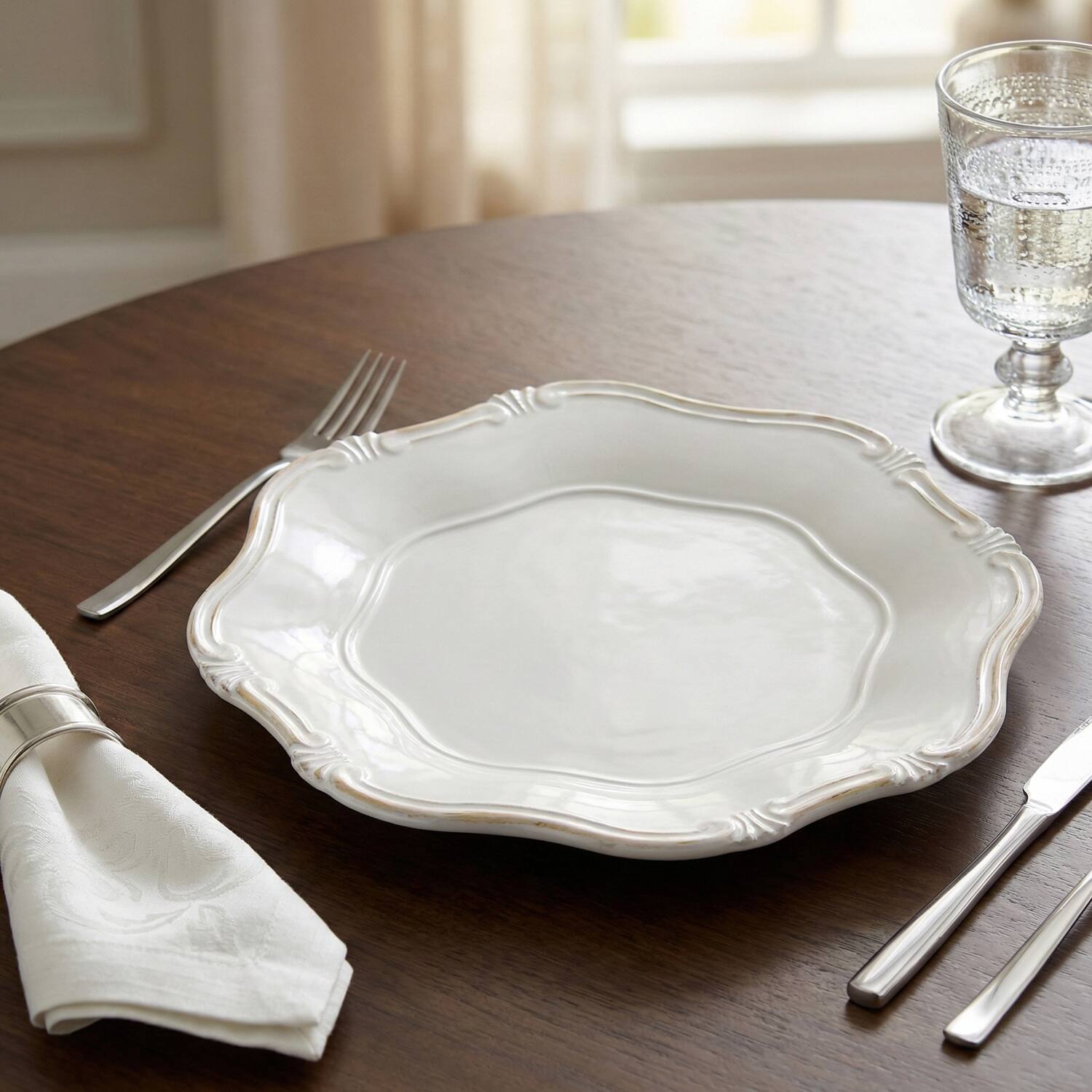 Angle. American Atelier - White Baroque Charger Plate 13"D - White.