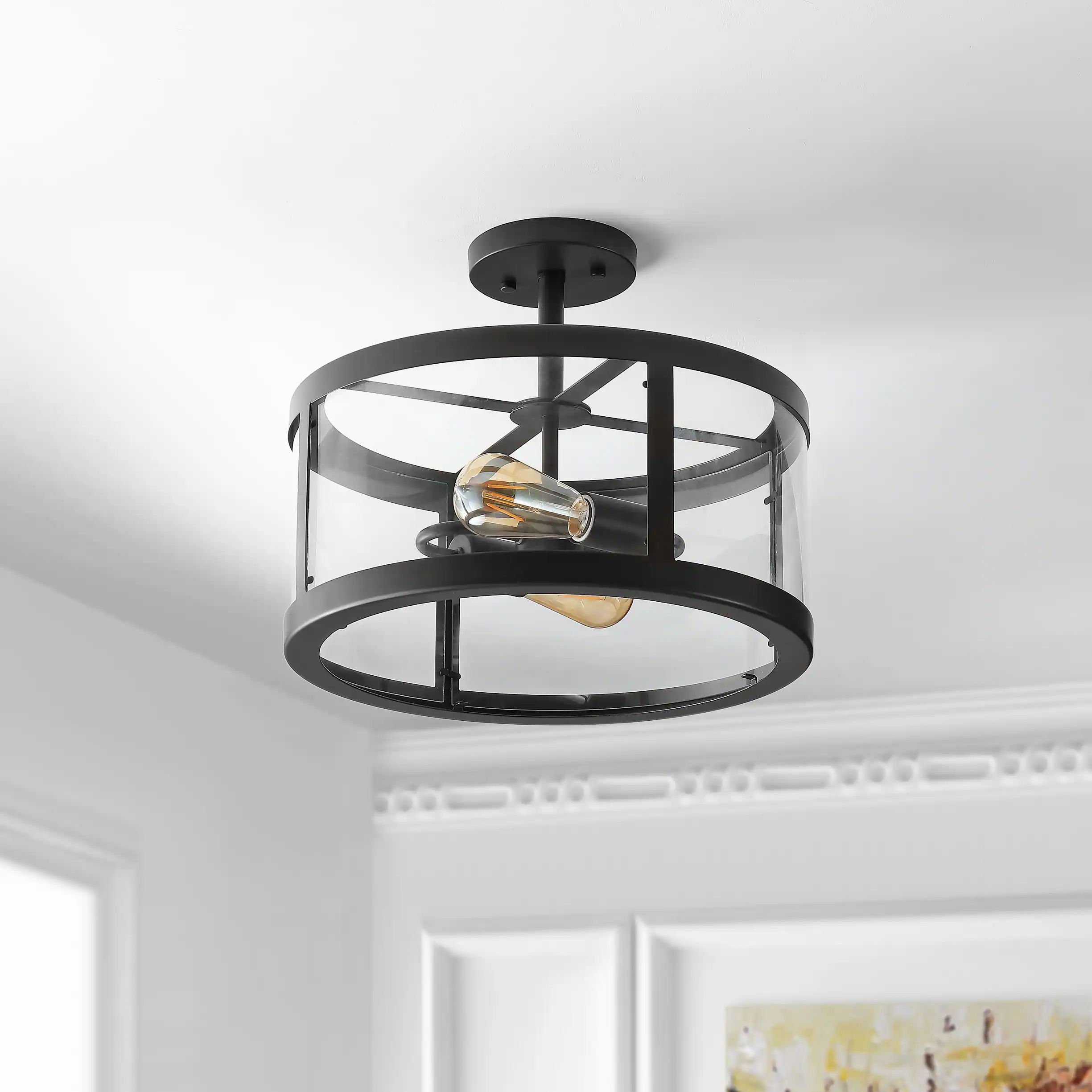 Alt View 5. Jonathan Y - Herndon 2-Light 15" Iron/Glass Modern LED Flush Mount, Black - Oil Rubbed Bronze/Clear.