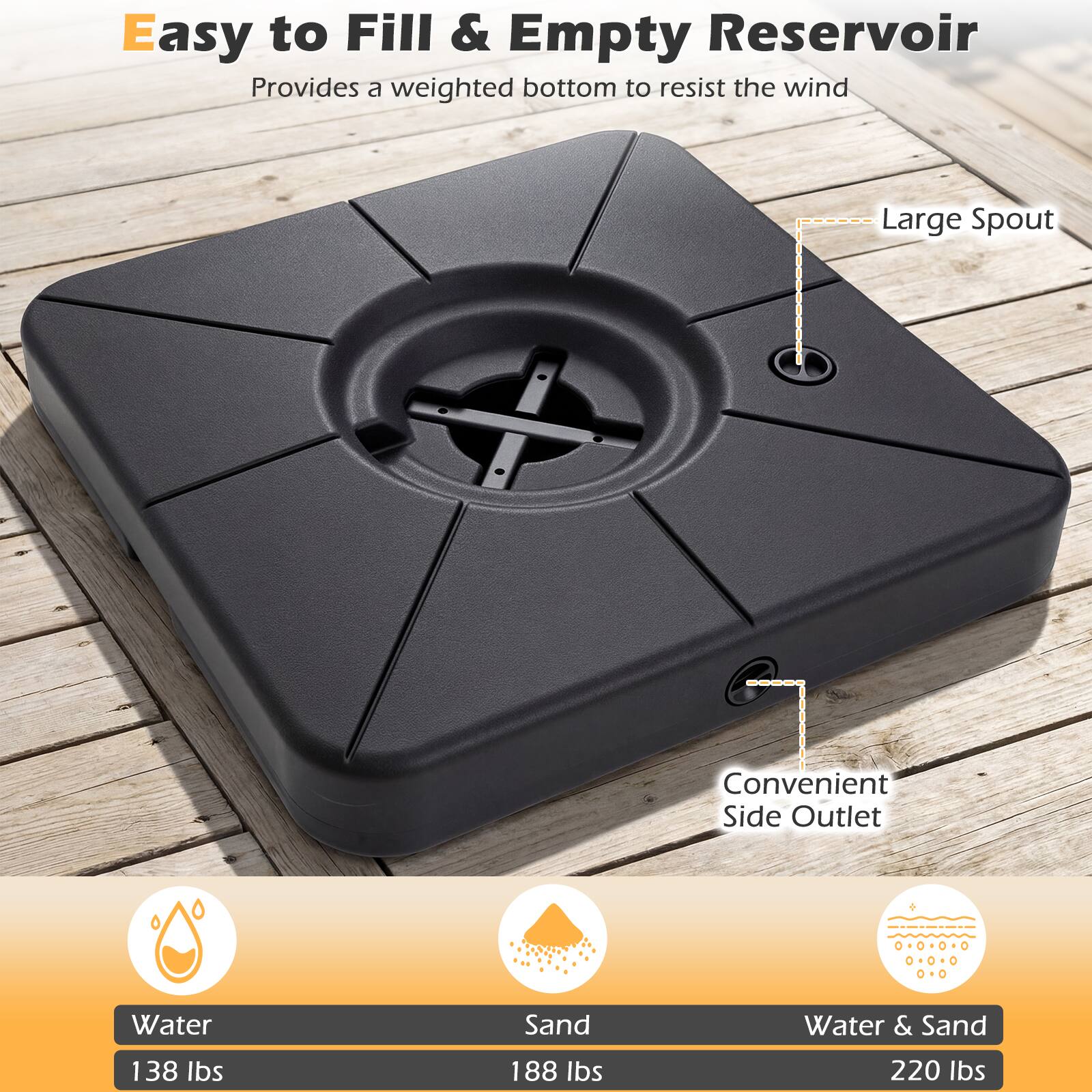 Easy to Fill & Empty Reservoir  
Provides a weighted bottom to resist the wind

- Large Spout
- Convenient Side Outlet

Water: 138 lbs  
Sand: 188 lbs  
Water & Sand: 220 lbs