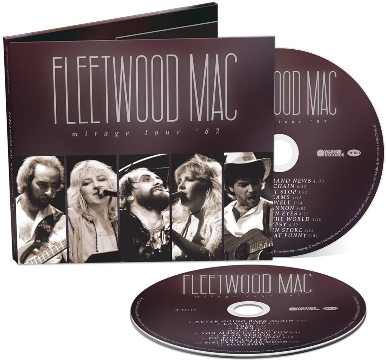 FLEETWOOD MAC  
mirage tour '82  

WARNER RHINO 726706 RECORDS R2 BIEM  

LAND NEWS 4:05  
CHAIN 6:33  
T STOP 3:52  
EAMS 4:13  
NON 5:02  
EYES 4:21  
THE WORLD 4:10  
PSY 4:32  
IN STORE 3:19  
AT FUNNY 9:06  

FLEETWOOD MAC  
TWO adiai GOING BALA AGAIN ...  
NEVER LANDE 22.2 ...  
TUSN .A2A Tou  
VING FUN 2..A MPC AER ....  
PZin NA 11 BLUN 2TE I RISTERNOR MOON SONGRIRD  

FLEETWOOD MAC  
NEVER GOING BACK AGAIN 2:22  
YOU AND I 4:05  
TWO ADIAI GOING BALA AGAIN 2:22  
TUSN .A2A TOUR 2:22  
VING FUN 2:22  
PZIN NA 1