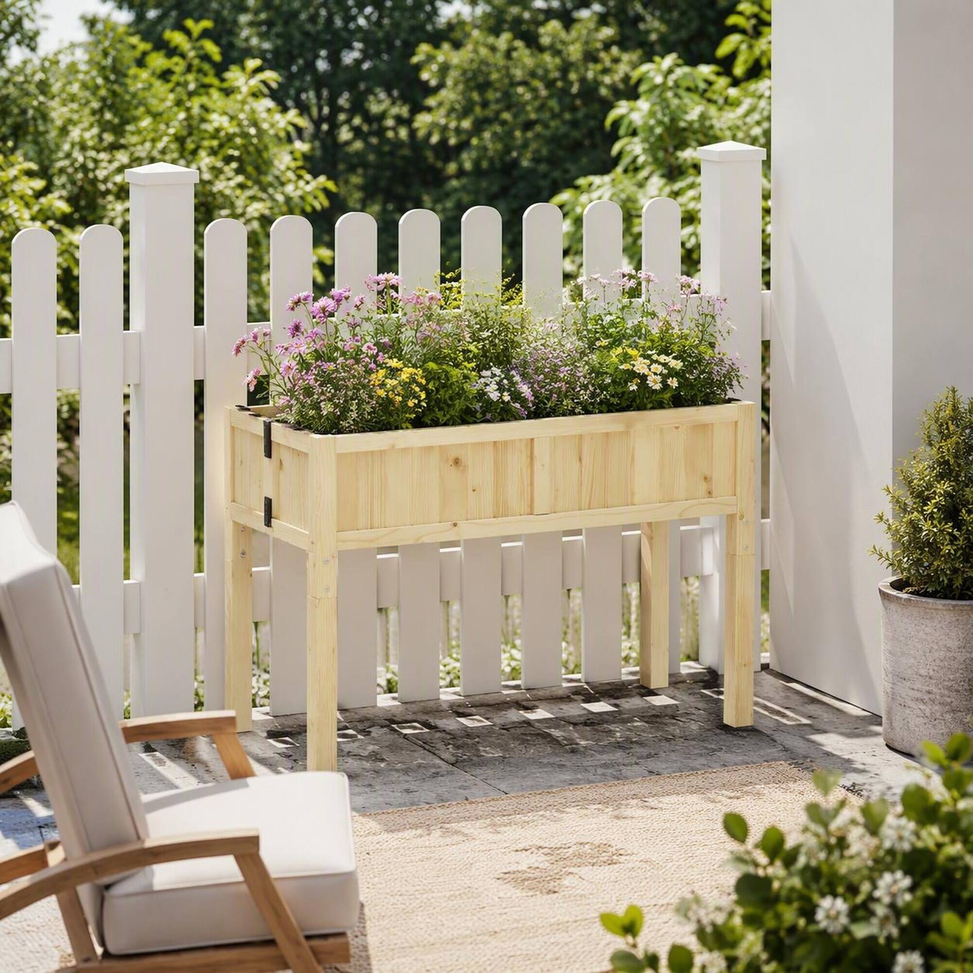 Back. RYHNUYNE - Elevated Wooden Raised Garden Bed with Folding Fir Wood Planter Box for Patio, Balcony, and Outdoor Use - Natural.