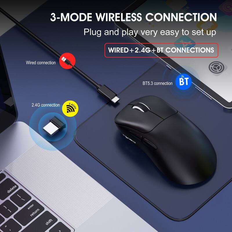 3-MODE WIRELESS CONNECTION  
Plug and play very easy to set up  
WIRED + 2.4G + BT CONNECTIONS  
Wired connection  
2.4G connection  
BT5.3 connection