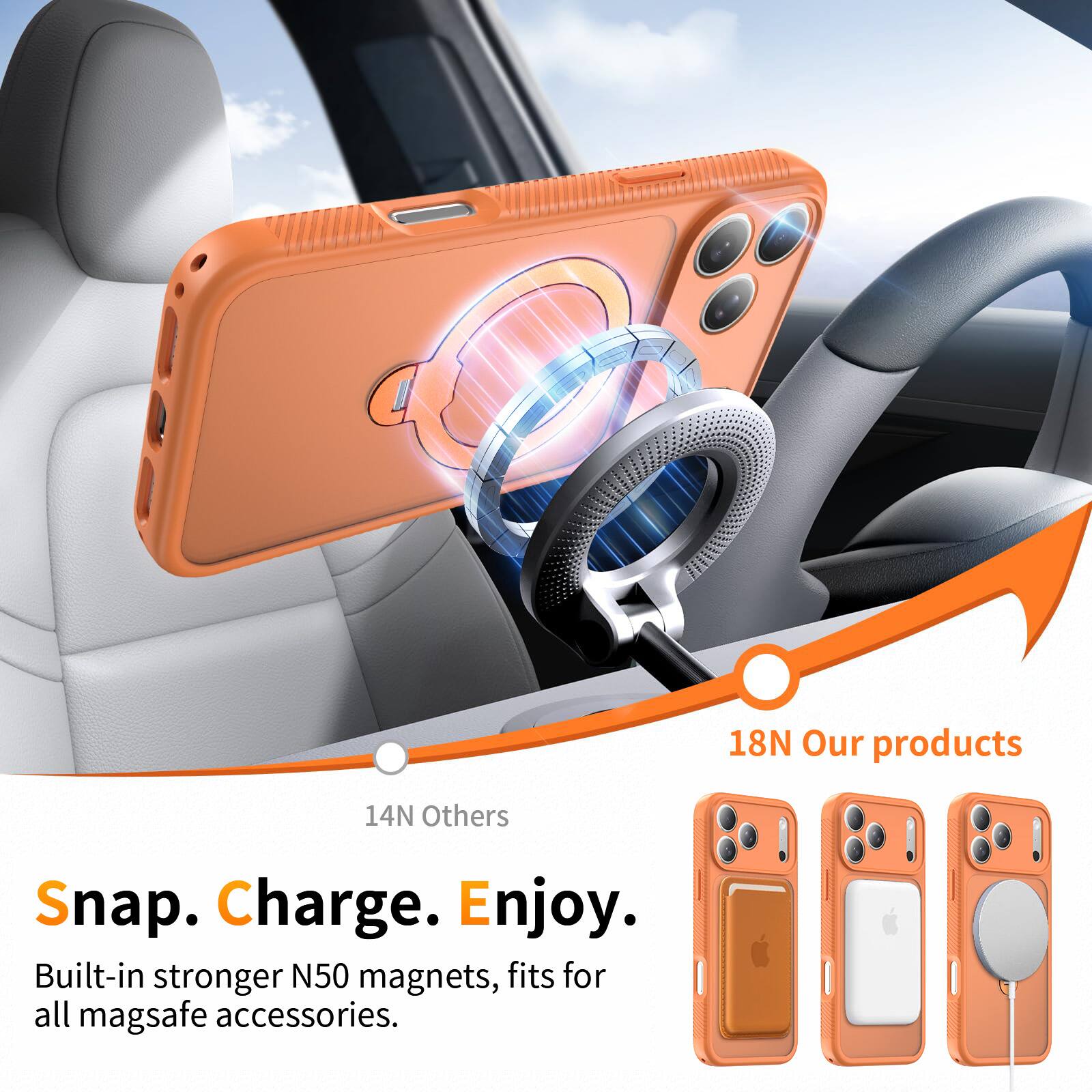 18N Our products  
14N Others  

Snap. Charge. Enjoy.  

Built-in stronger N50 magnets, fits for all mag safe accessories.