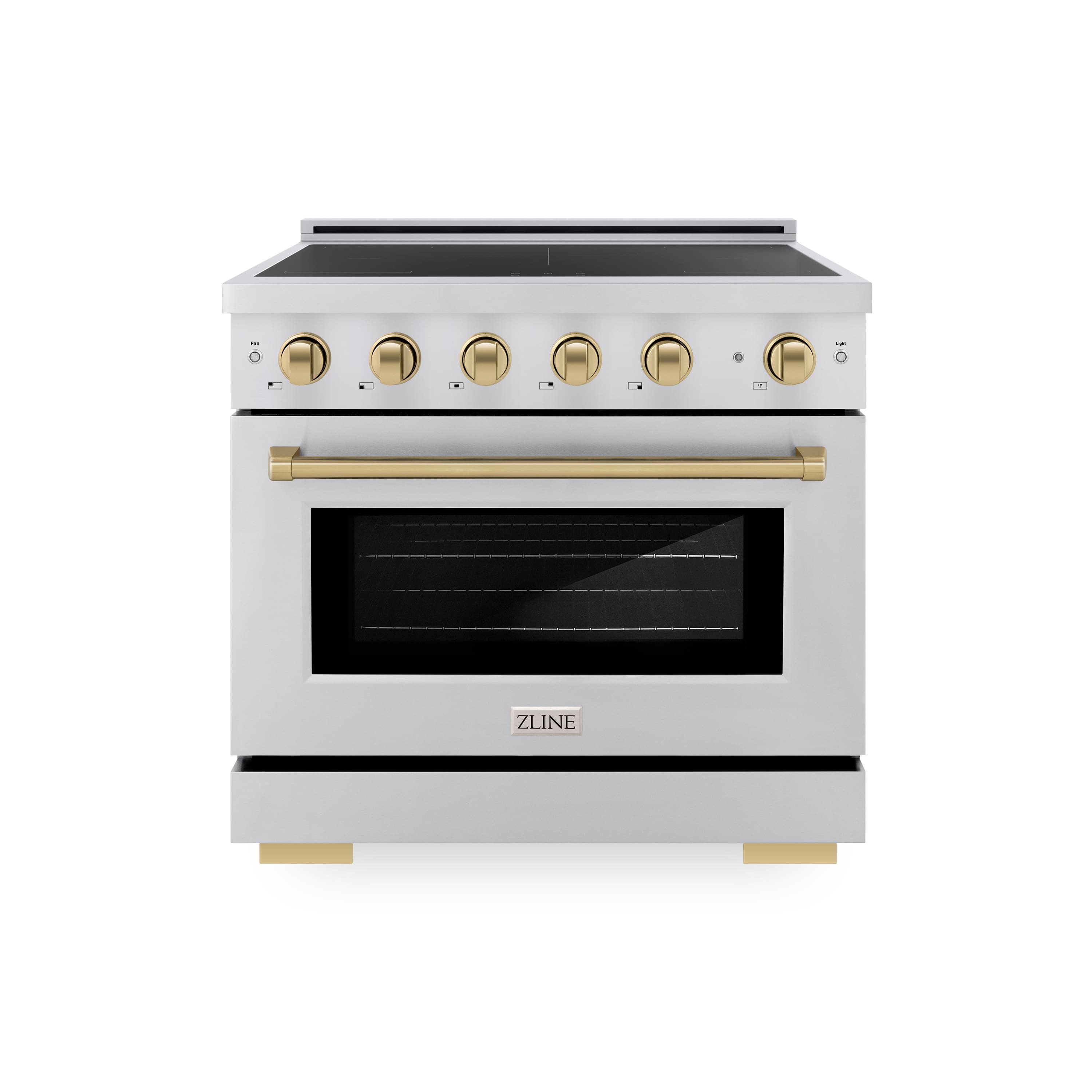 Front. ZLINE - Autograph 36 in. 5.2 cu. ft. Paramount Freestanding Induction Range with 5 Burners and Electric Oven w/ Bronze Accents - Stainless Steel.